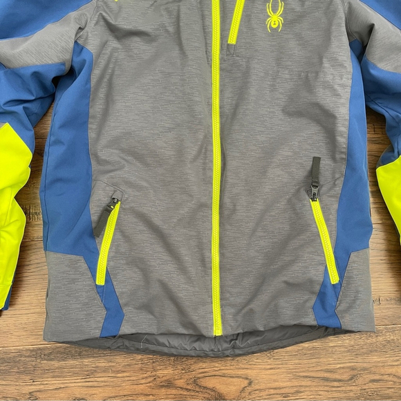 Spyder Leader Kids Ski Puffer Jacket - Gray, Blue, and Neon Yellow size 20 - Picture 5 of 14